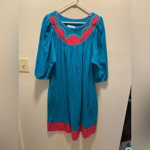 Vintage 70s JC Penny bright turquoise/hot pink loose silhouette textured dress M